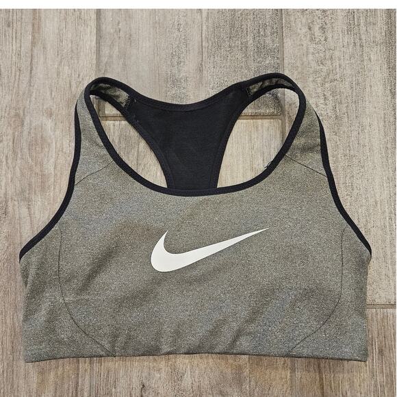 Nike Sports Bra Womens Size S Middle Swoosh Grey Black Medium Support Stretch - Picture 1 of 7